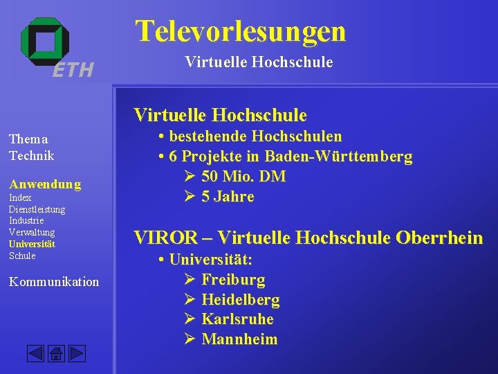 Televorlesungen ETH Virtuelle Hochschule Thema Technik Anwendung Index Dienstleistung Industrie Verwaltung Universität Schule Kommunikation