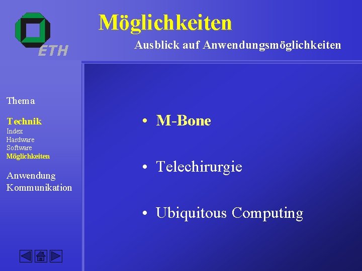 Möglichkeiten ETH Ausblick auf Anwendungsmöglichkeiten Thema Technik Index Hardware Software Möglichkeiten Anwendung Kommunikation •