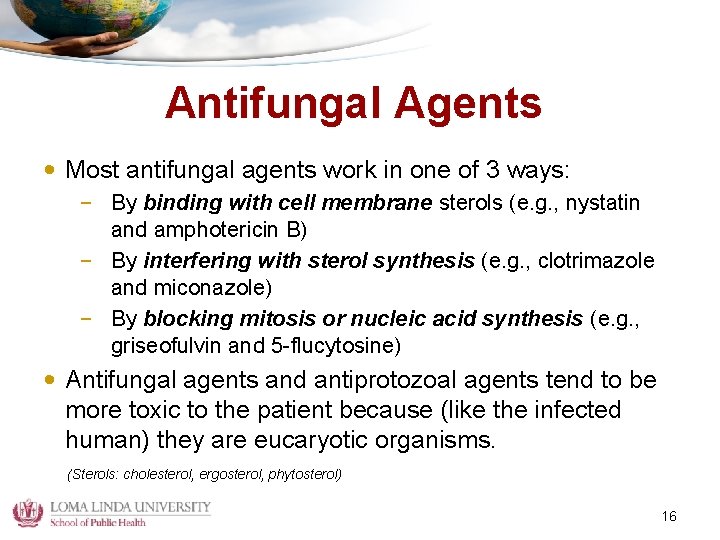 Antifungal Agents • Most antifungal agents work in one of 3 ways: – By