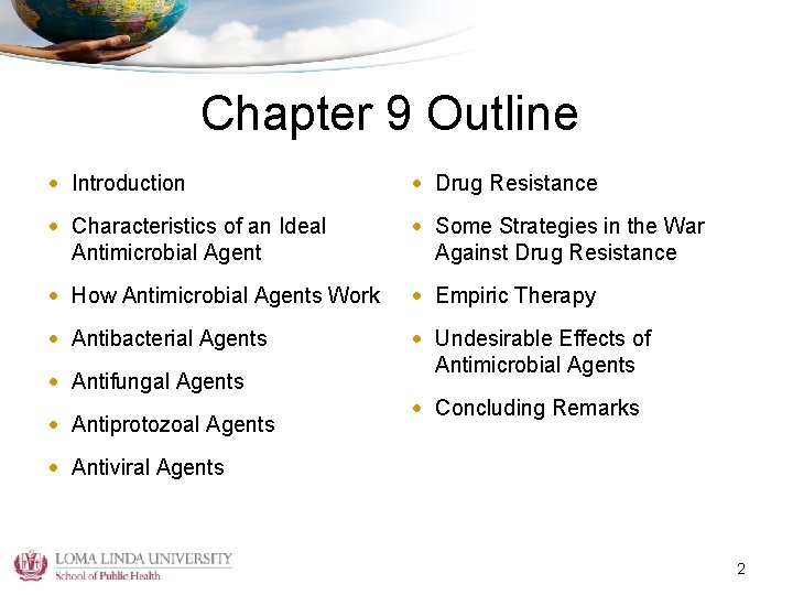 Chapter 9 Outline • Introduction • Drug Resistance • Characteristics of an Ideal Antimicrobial