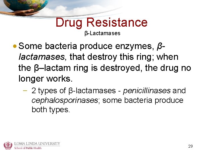 Drug Resistance β-Lactamases • Some bacteria produce enzymes, βlactamases, that destroy this ring; when