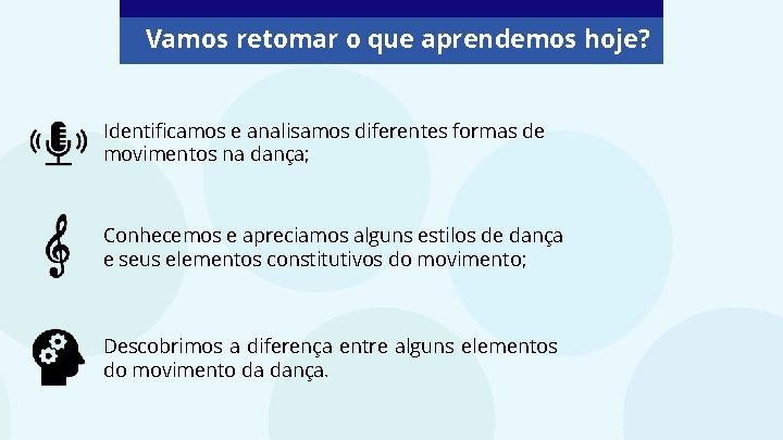 Vamos retomar o que aprendemos hoje? Identificamos e analisamos diferentes formas de movimentos na