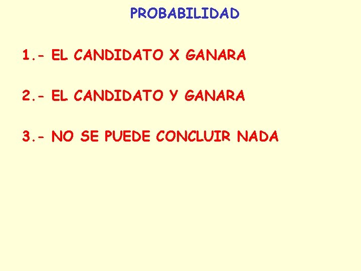 PROBABILIDAD 1. - EL CANDIDATO X GANARA 2. - EL CANDIDATO Y GANARA 3. PROBABILIDAD 1. - EL CANDIDATO X GANARA 2. - EL CANDIDATO Y GANARA 3.
