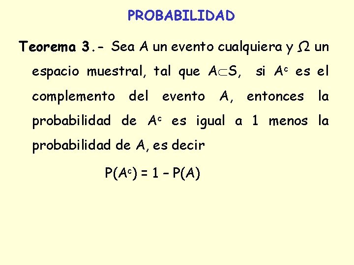 PROBABILIDAD Teorema 3. - Sea A un evento cualquiera y Ω un espacio muestral, PROBABILIDAD Teorema 3. - Sea A un evento cualquiera y Ω un espacio muestral,