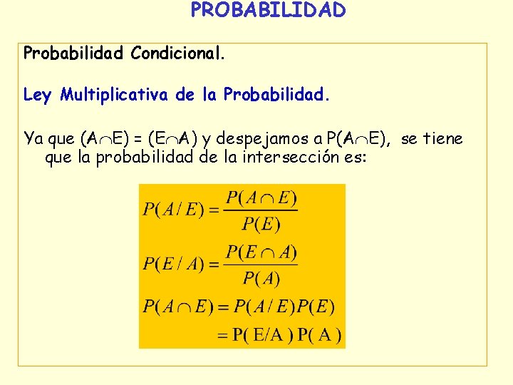 PROBABILIDAD Probabilidad Condicional. Ley Multiplicativa de la Probabilidad. Ya que (A E) = (E PROBABILIDAD Probabilidad Condicional. Ley Multiplicativa de la Probabilidad. Ya que (A E) = (E