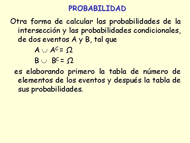 PROBABILIDAD Otra forma de calcular las probabilidades de la intersección y las probabilidades condicionales, PROBABILIDAD Otra forma de calcular las probabilidades de la intersección y las probabilidades condicionales,