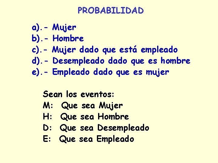 PROBABILIDAD a). b). c). d). e). - Mujer Hombre Mujer dado que está empleado PROBABILIDAD a). b). c). d). e). - Mujer Hombre Mujer dado que está empleado