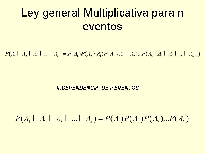 Ley general Multiplicativa para n eventos INDEPENDENCIA DE n EVENTOS Ley general Multiplicativa para n eventos INDEPENDENCIA DE n EVENTOS