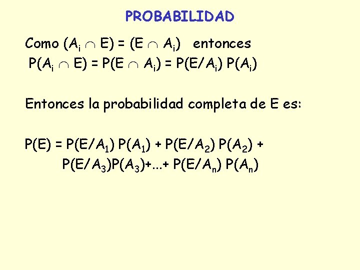PROBABILIDAD Como (Ai E) = (E Ai) entonces P(Ai E) = P(E Ai) = PROBABILIDAD Como (Ai E) = (E Ai) entonces P(Ai E) = P(E Ai) =