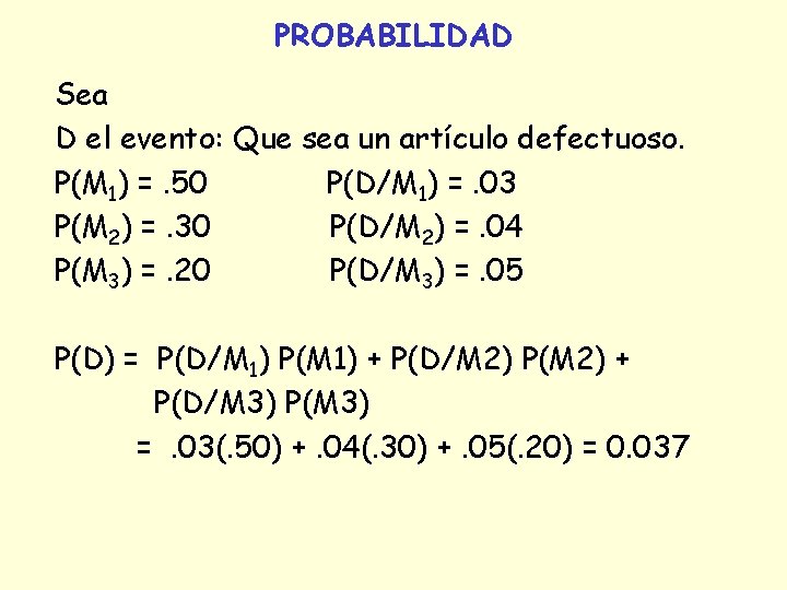 PROBABILIDAD Sea D el evento: Que sea un artículo defectuoso. P(M 1) =. 50 PROBABILIDAD Sea D el evento: Que sea un artículo defectuoso. P(M 1) =. 50