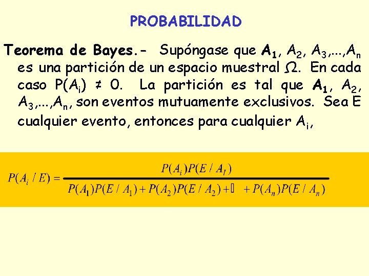 PROBABILIDAD Teorema de Bayes. - Supóngase que A 1, A 2, A 3, . PROBABILIDAD Teorema de Bayes. - Supóngase que A 1, A 2, A 3, .