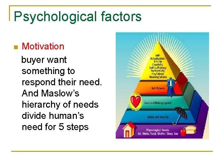Psychological factors n Motivation buyer want something to respond their need. And Maslow’s hierarchy
