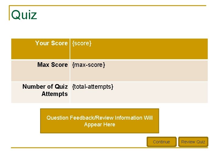 Quiz Your Score {score} Max Score {max-score} Number of Quiz {total-attempts} Attempts Question Feedback/Review