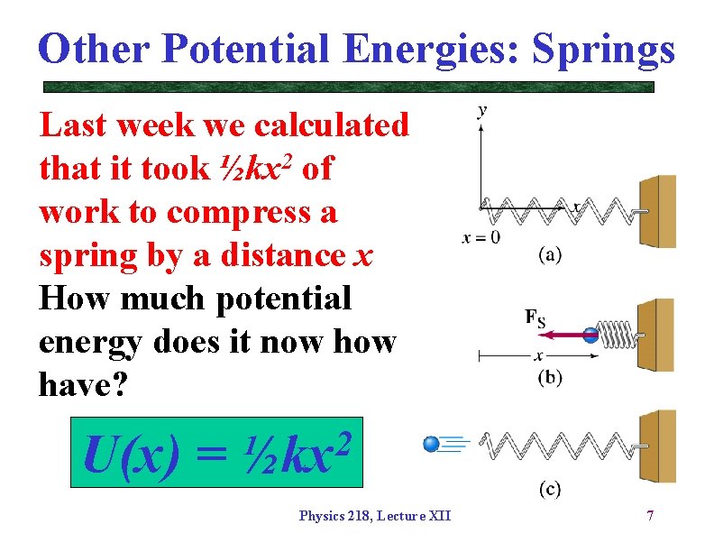 Other Potential Energies: Springs Last week we calculated that it took ½kx 2 of