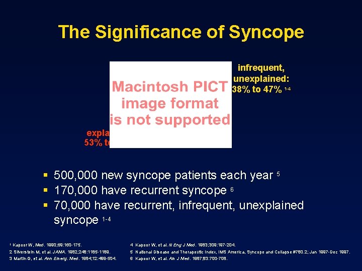 The Significance of Syncope infrequent, unexplained: 38% to 47% 1 -4 explained: 53% to