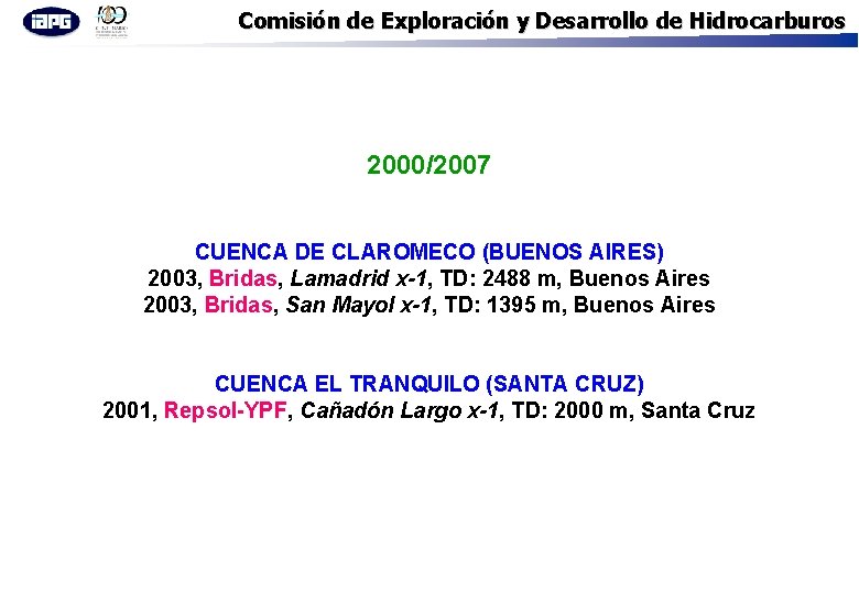Comisión de Exploración y Desarrollo de Hidrocarburos 2000/2007 CUENCA DE CLAROMECO (BUENOS AIRES) 2003,