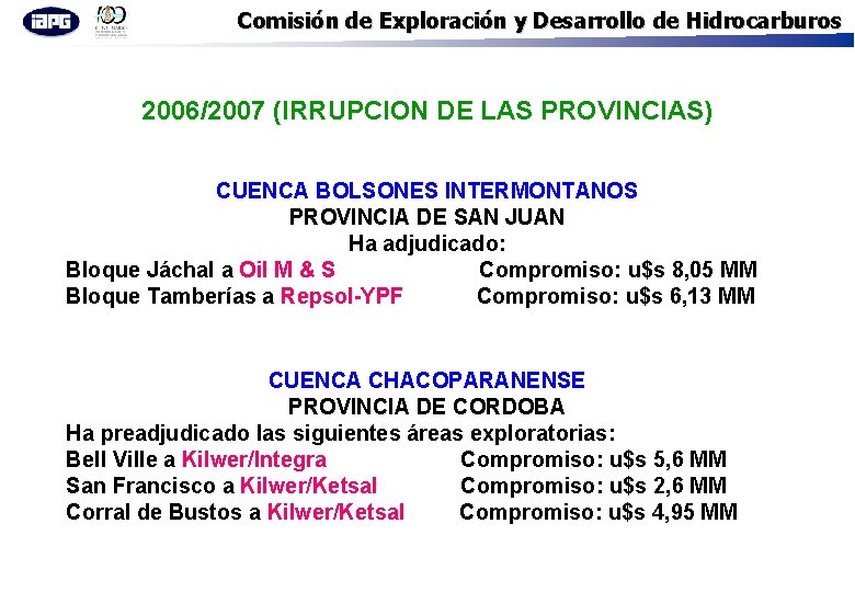 Comisión de Exploración y Desarrollo de Hidrocarburos 2006/2007 (IRRUPCION DE LAS PROVINCIAS) CUENCA BOLSONES