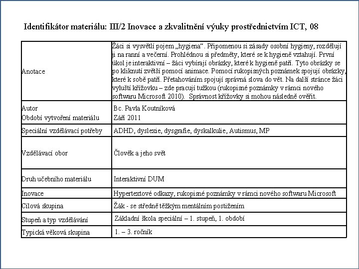 Identifikátor materiálu: III/2 Inovace a zkvalitnění výuky prostřednictvím ICT, 08 Anotace Žáci si vysvětlí