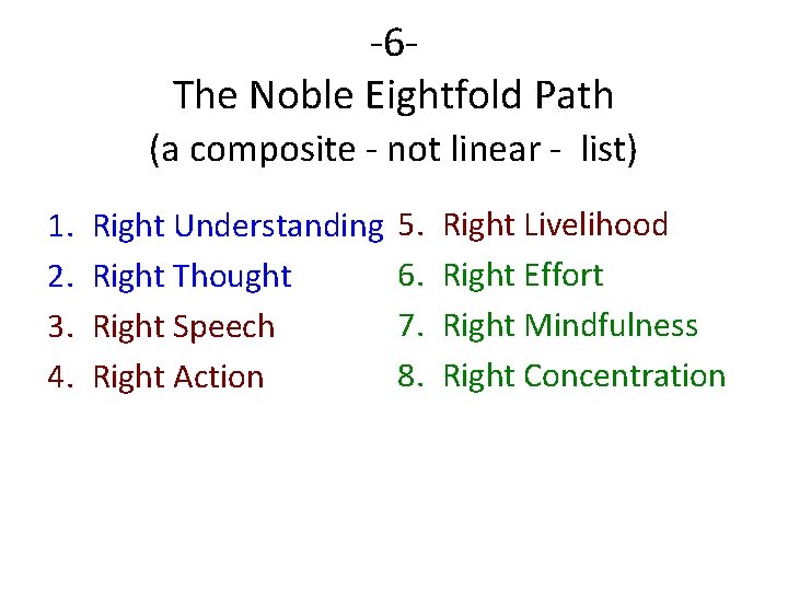 -6 The Noble Eightfold Path (a composite - not linear - list) 1. 2.