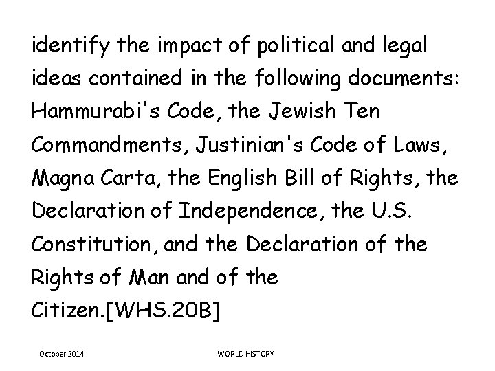 identify the impact of political and legal ideas contained in the following documents: Hammurabi's