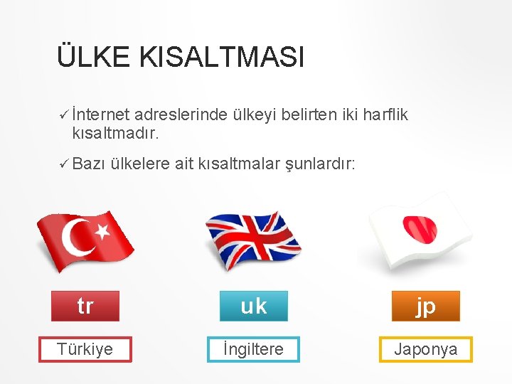 ÜLKE KISALTMASI ü İnternet adreslerinde ülkeyi belirten iki harflik kısaltmadır. ü Bazı ülkelere ait ÜLKE KISALTMASI ü İnternet adreslerinde ülkeyi belirten iki harflik kısaltmadır. ü Bazı ülkelere ait