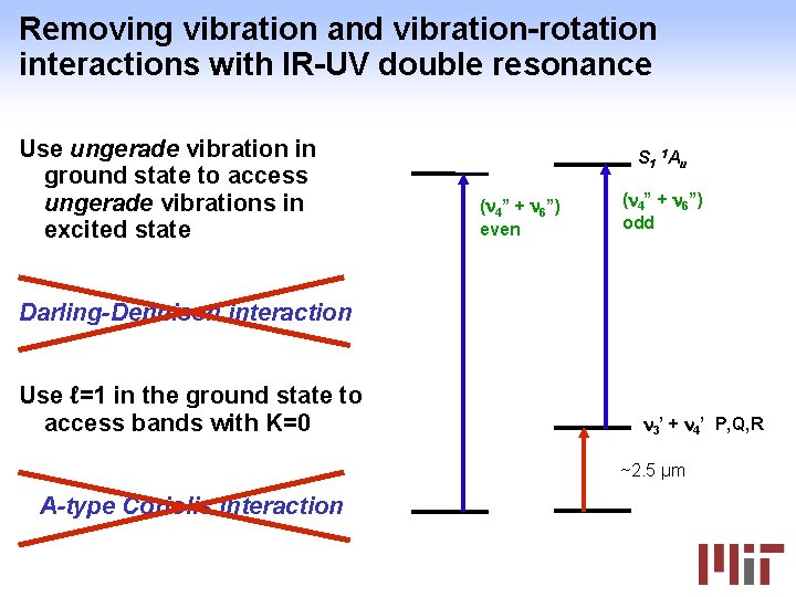 Removing vibration and vibration-rotation interactions with IR-UV double resonance Use ungerade vibration in ground