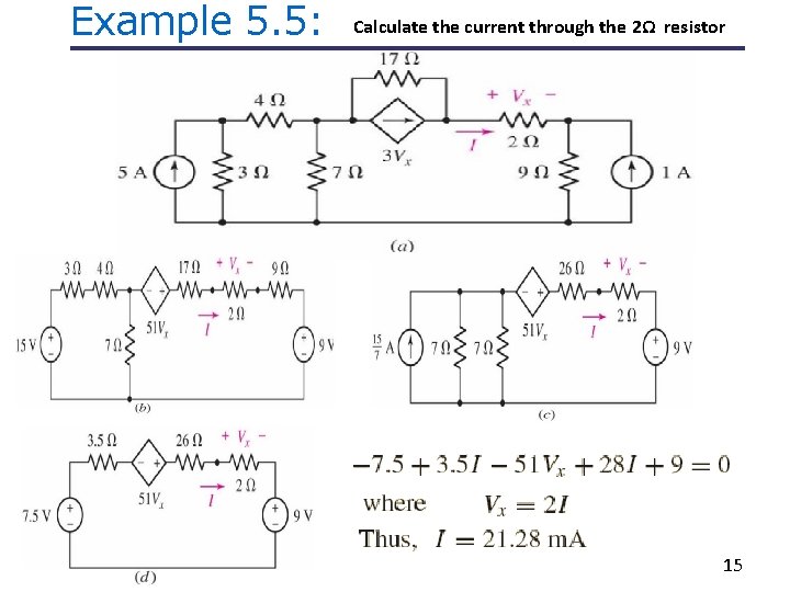Example 5. 5: Calculate the current through the 2Ω resistor 15 