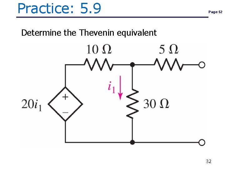Practice: 5. 9 Page 52 Determine the Thevenin equivalent 32 Practice: 5. 9 Page 52 Determine the Thevenin equivalent 32