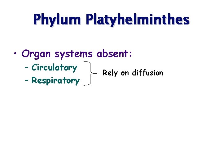 Phylum Platyhelminthes • Organ systems absent: – Circulatory – Respiratory Rely on diffusion 