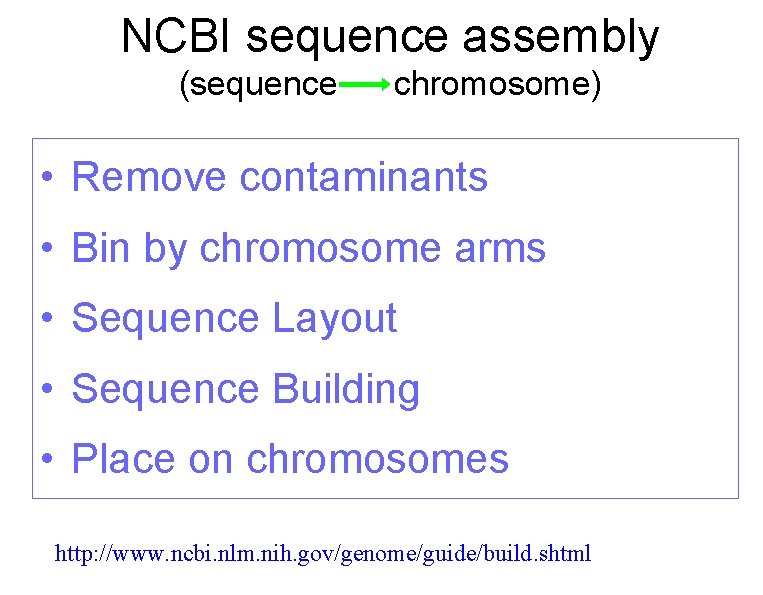 NCBI sequence assembly (sequence chromosome) • Remove contaminants • Bin by chromosome arms •