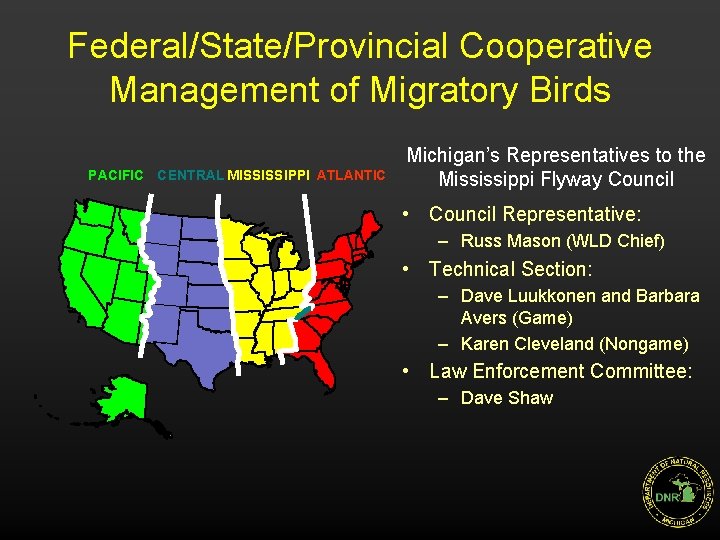 Federal/State/Provincial Cooperative Management of Migratory Birds PACIFIC CENTRAL MISSISSIPPI ATLANTIC Michigan’s Representatives to the