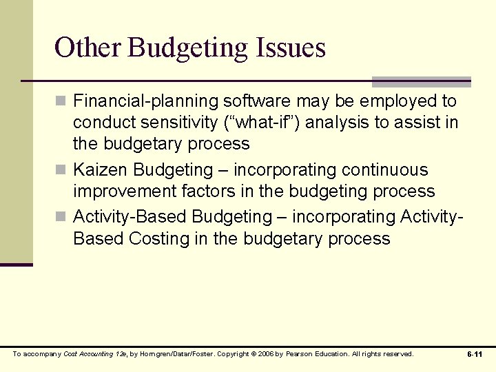 Other Budgeting Issues n Financial-planning software may be employed to conduct sensitivity (“what-if”) analysis