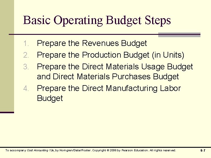 Basic Operating Budget Steps 1. Prepare the Revenues Budget 2. Prepare the Production Budget