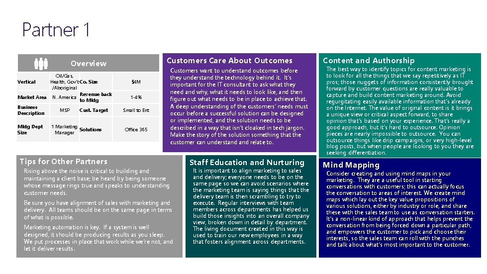 Partner 1 Customers Care About Outcomes Overview Oil/Gas, Vertical Health, Gov’t Co. Size /Aboriginal