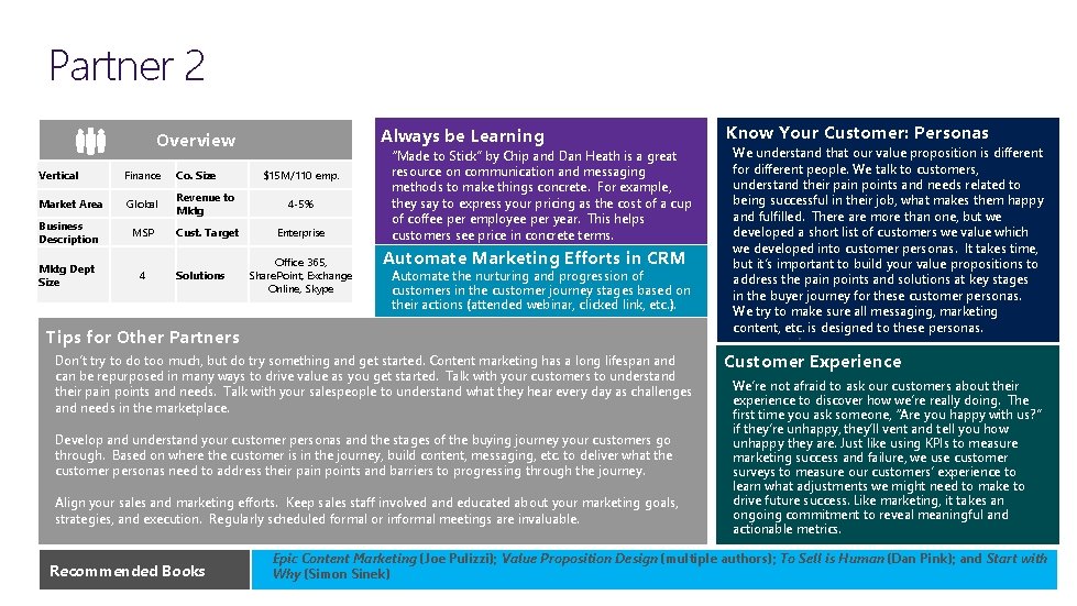 Partner 2 Always be Learning Overview Vertical Finance Co. Size Market Area Global Revenue