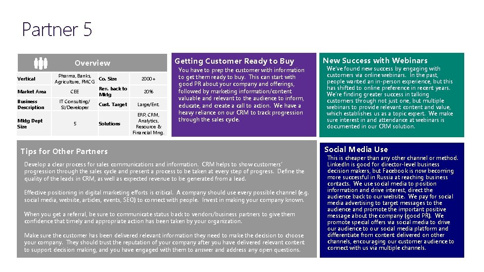 Partner 5 Getting Customer Ready to Buy Overview Vertical Market Area Business Description Mktg