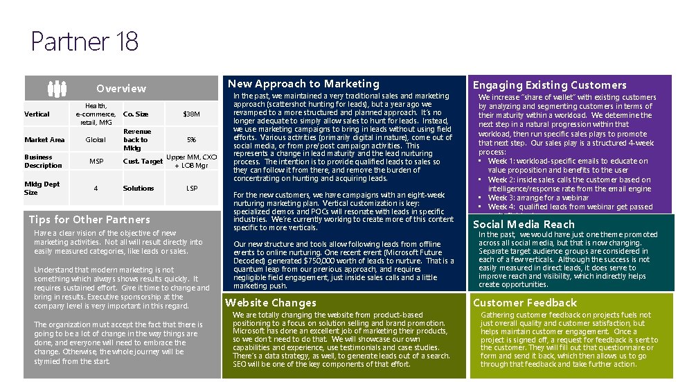 Partner 18 New Approach to Marketing Overview Vertical Health, e-commerce, retail, Mf. G Market