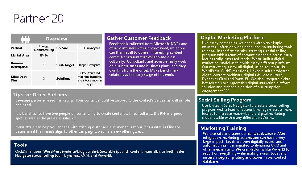 Partner 20 Gather Customer Feedback Overview Vertical Energy, Co. Size Manufacturing Market Area EMEA