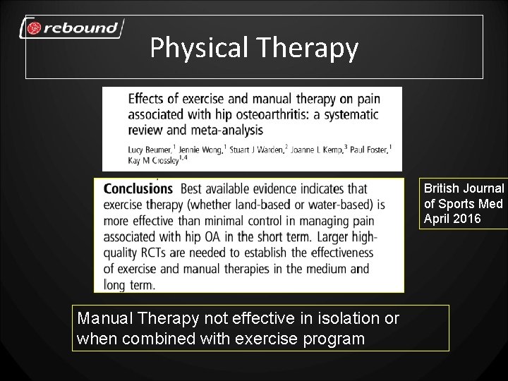 Physical Therapy British Journal of Sports Med April 2016 Manual Therapy not effective in