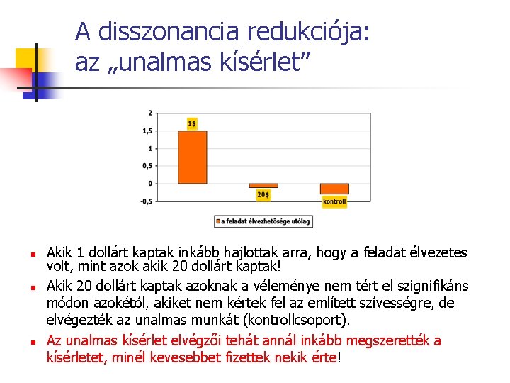 A disszonancia redukciója: az „unalmas kísérlet” n n n Akik 1 dollárt kaptak inkább