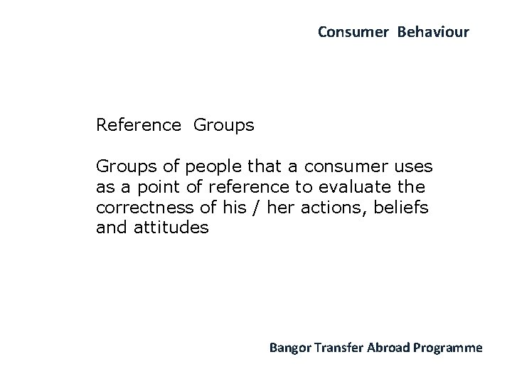 Consumer Behaviour Reference Groups of people that a consumer uses as a point of