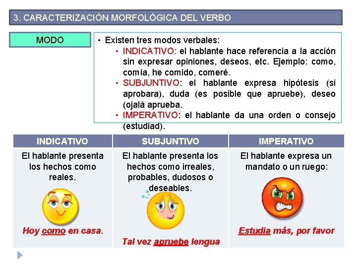 3. CARACTERIZACIÓN MORFOLÓGICA DEL VERBO MODO • Existen tres modos verbales: • INDICATIVO: el