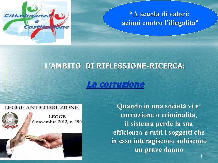 “A scuola di valori: azioni contro l’illegalità” L’AMBITO DI RIFLESSIONE-RICERCA: La corruzione Quando in