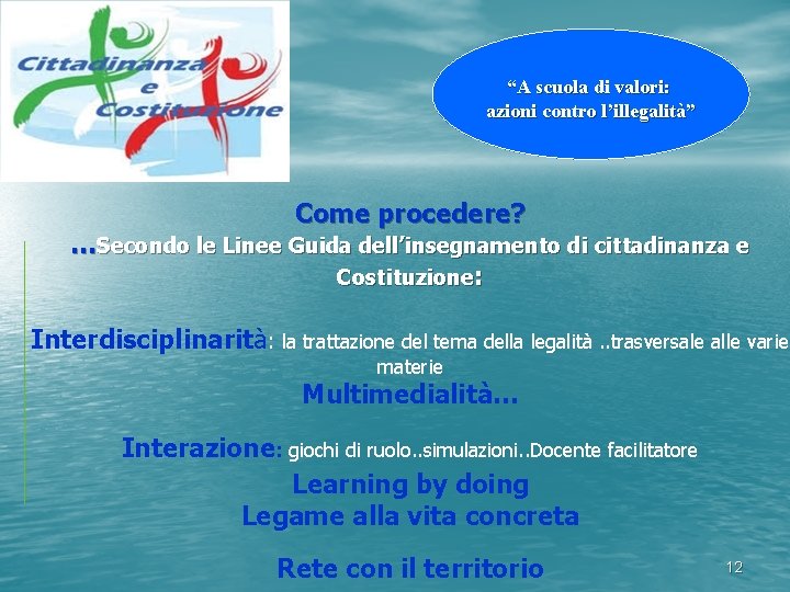 “A scuola di valori: azioni contro l’illegalità” Come procedere? …Secondo le Linee Guida dell’insegnamento