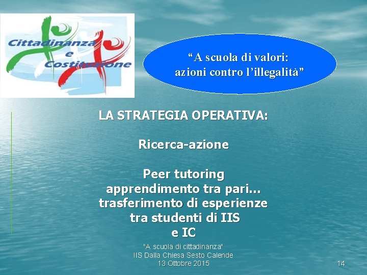 “A scuola di valori: azioni contro l’illegalità” LA STRATEGIA OPERATIVA: Ricerca-azione Peer tutoring apprendimento