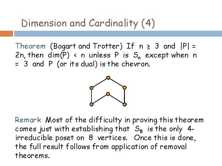 Dimension and Cardinality (4) Theorem (Bogart and Trotter) If n ≥ 3 and |P|