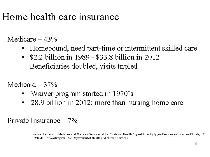 Home health care insurance Medicare – 43% • Homebound, need part-time or intermittent skilled