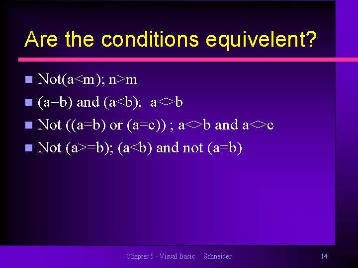Are the conditions equivelent? Not(a<m); n>m n (a=b) and (a<b); a<>b n Not ((a=b)