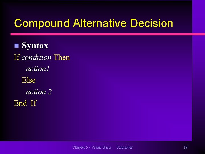 Compound Alternative Decision n Syntax If condition Then action 1 Else action 2 End