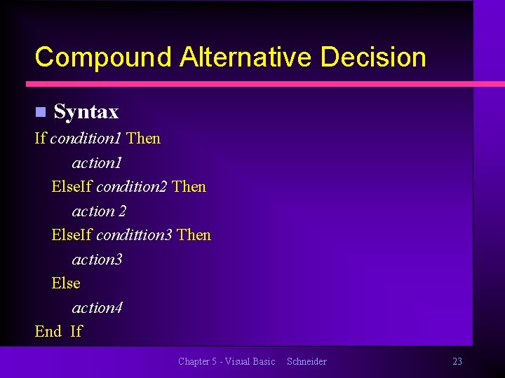 Compound Alternative Decision n Syntax If condition 1 Then action 1 Else. If condition